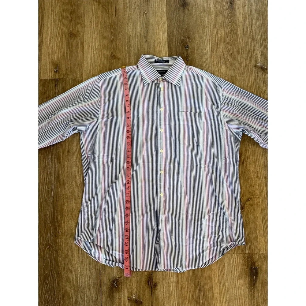 Nautica Button Down Shirt Mens 17.5 34/35 Blue Pink Striped Comfort Stretch L/XL